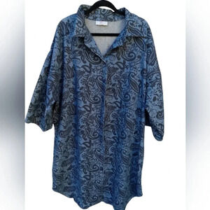 Vintage Denim Dress JP Collection Paisley Print Shirt Tunic Blue Black Print 2XL
